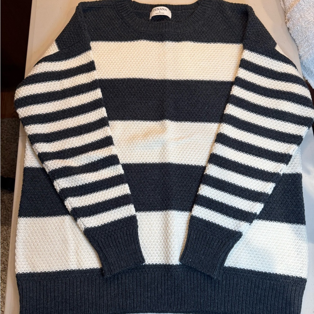 Zenana Women's Crewneck Sweater - Dark Gray and Cream Stripes, Size Large